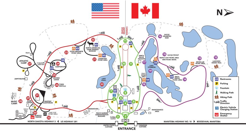 Map of International Peace Garden. On the border of North Dakota and Manitoba